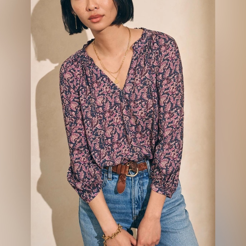 Faherty Portia Peasant Blouse in Fiona Paisley Block Print Size Small